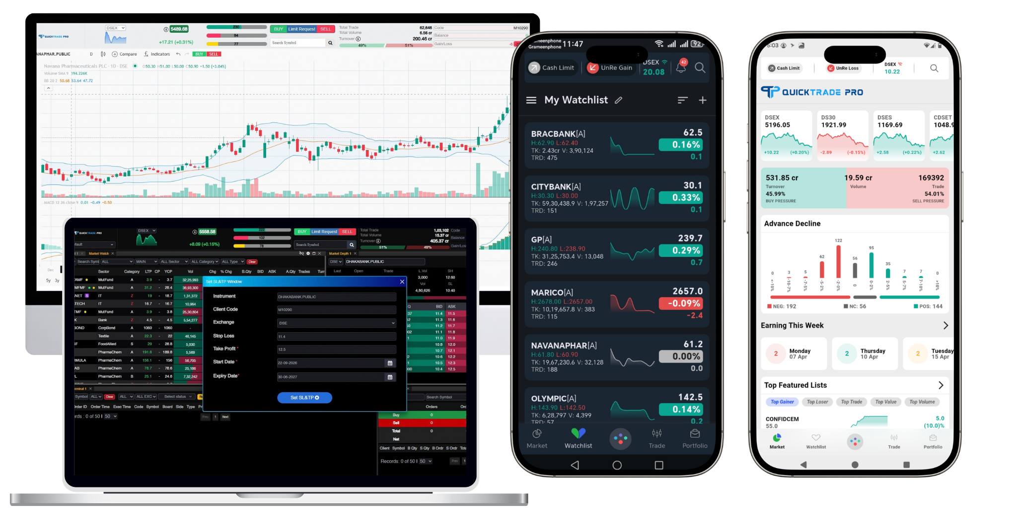 QuickTrade Pro mobile trading app screen showing live Bangladesh stock market charts